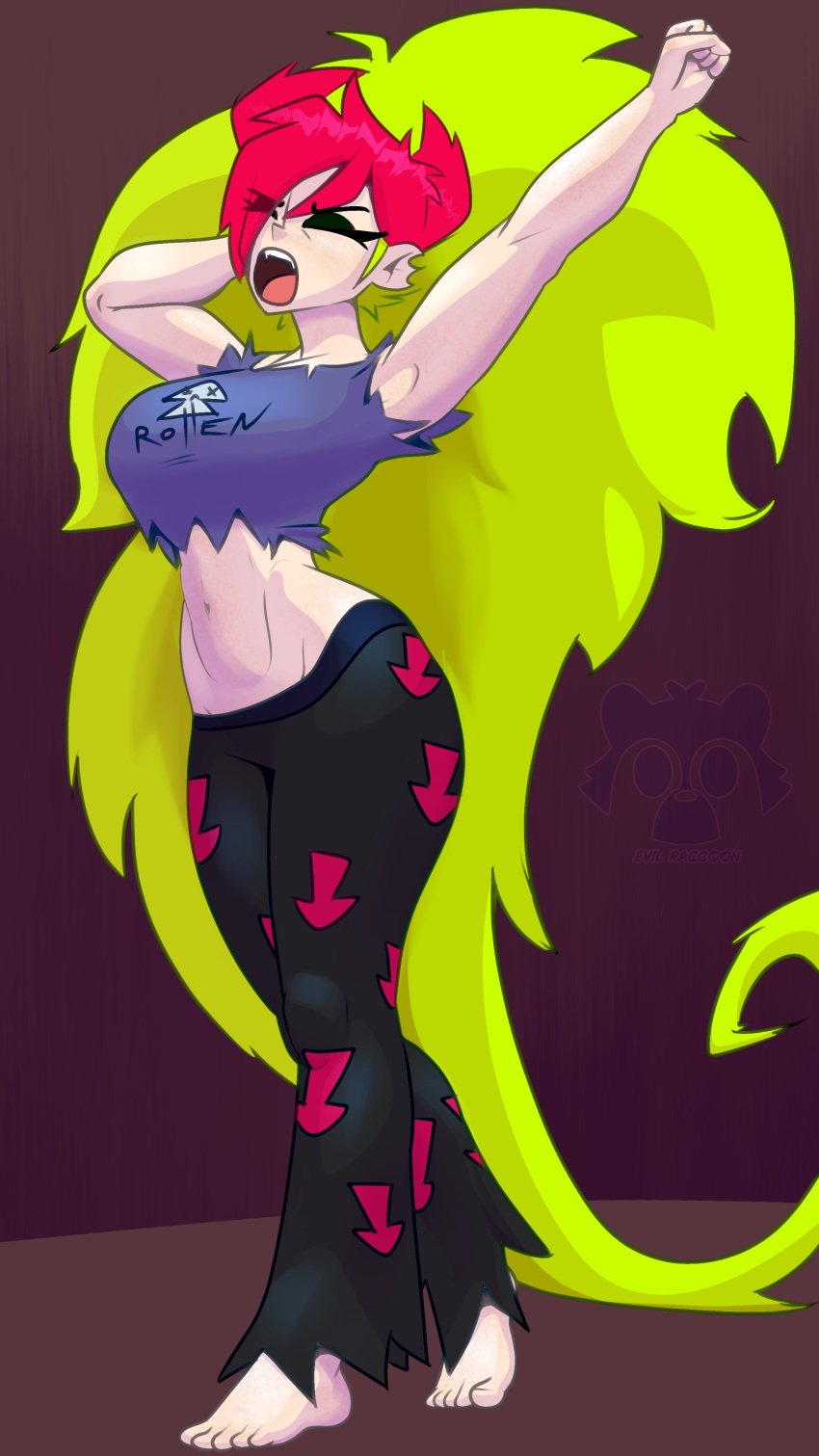 abs armpits arms_up big_breasts cartoon_network demencia_(villainous) evil_raccoon fangs feet female long_hair muscles muscular muscular_female pale_skin pijama villainous yawn