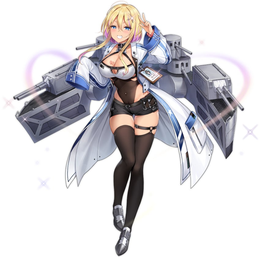 ahoge azur_lane black_choker black_shorts black_thighhighs blonde_hair blue_eyes blue_hair blush breast_tattoo breasts cannon cg choker cleavage coat collarbone covered_navel female full_body grin gyaru hair_between_eyes hair_ornament hairclip id_card jewelry large_breasts leotard leotard_under_clothes long_sleeves looking_at_viewer machinery marblehead_(azur_lane) multicolored_hair navel_piercing official_art open_clothes open_coat piercing pink_hair rigging shoes short_hair short_hair_with_long_locks short_shorts shorts sidelocks skindentation smile solo standing streaked_hair tattoo thigh_strap thighhighs transparent_background turret two-tone_hair v white_coat