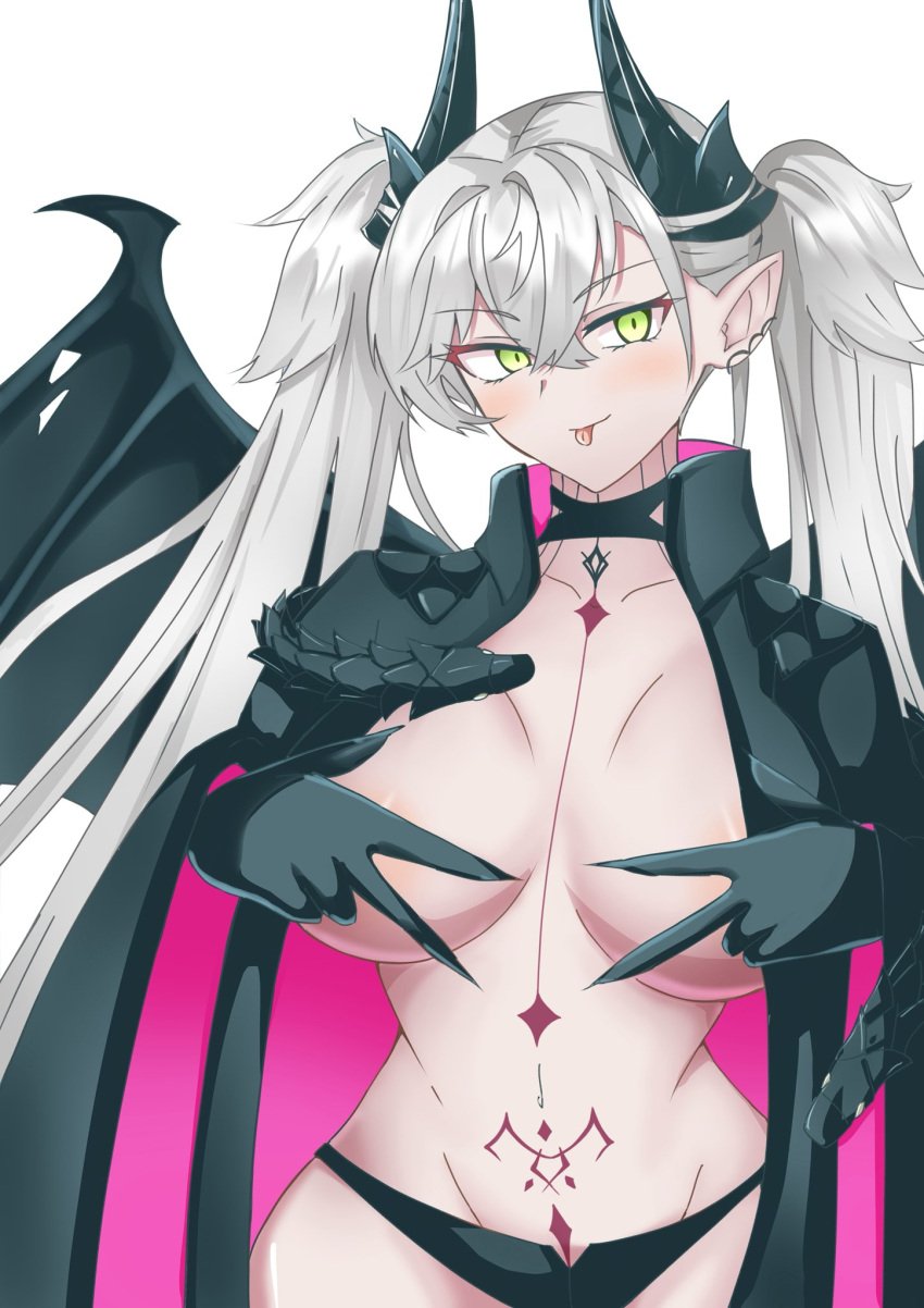 1girls :p black_cape blush breasts cape collarbone demon_girl demon_horns double_w fate/grand_order fate_(series) female female_only green_eyes highres horns hourglass_figure large_breasts lilith_(fate) lilith_(second_ascension)_(fate) looking_at_viewer maru_hien navel panties pubic_tattoo solo succubus tattoo tongue tongue_out twintails underwear w white_hair wide_hips wings