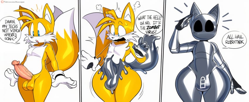 2_tails absurd_res ai_generated anthro balls canid canine clothing dialogue duo english_text erection fox genitals girly gloves handwear hellsonger hi_res male male_only mammal metal_virus miles_prower miles_tails_prower multi_tail penis rubber sega sequence simple_background sonic_(series) sonic_the_hedgehog_(series) speech_bubble tails tails_the_fox text transformation transformation_sequence yellow_body zombot
