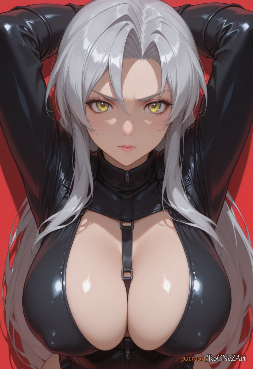 1girls 2025 ai_generated arms_behind_head arms_up bangs black_bodysuit blush bodysuit breasts cleavage closed_mouth covered_nipples female female_focus kiba_mikoto large_breasts latex lips long_hair long_sleeves looking_at_viewer nsfw parted_bangs red_background rognezart shiny shiny_clothes shiny_skin simple_background solo triage_x upper_body white_hair yellow_eyes zipper