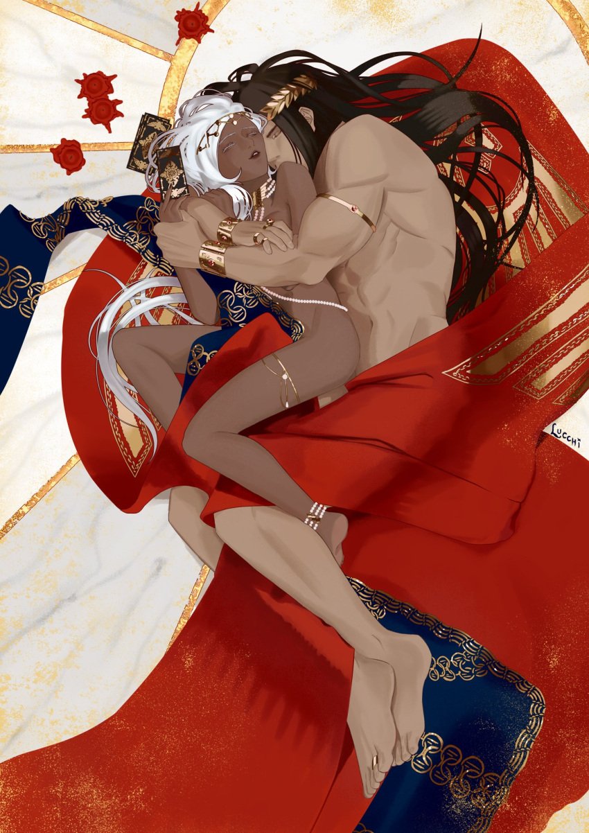 1boy 1girls dark_skinned_female erda female god-emperor_of_mankind hugging hugging_from_behind long_hair long_hair_male lucchi018 male nude_female nude_male warhammer_40k white_hair