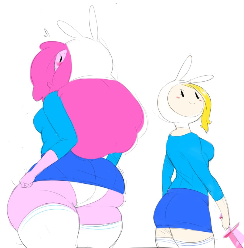 2girls adventure_time ass ass_size_difference big_ass blush breasts bubble_butt bulumble-bee cartoon_network clothing color dat_ass duo female female_only fionna_the_human_girl fionna_the_human_girl_(cosplay) hair huge_ass long_hair panties pink_hair pink_skin princess_bubblegum short_hair simple_background size_difference skirt smile socks stockings sword thick_thighs thighhighs thighs weapon white_background white_panties wide_hips yellow_hair