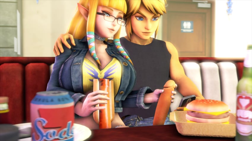 3d beer blonde_hair blue_eyes breasts denim_jacket exhibitionism fast_food glasses hamburger hand_on_penis hand_on_shoulder handjob hot_dog hyrule_warriors jeans jujala large_breasts large_penis link link_(hyrule_warriors) long_penis nintendo penis penis_through_fly pointy_ears princess_zelda public skyward_sword soda_can straight tan tanned tanned_skin the_legend_of_zelda zelda_(skyward_sword)