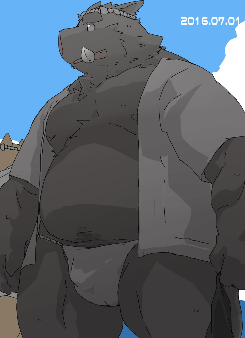 2016 background_character boar clothing cloud day fundoshi japanese_clothing kisukemk7 looking_away male male_only mammal outside porcine shirt solo standing sweat underwear