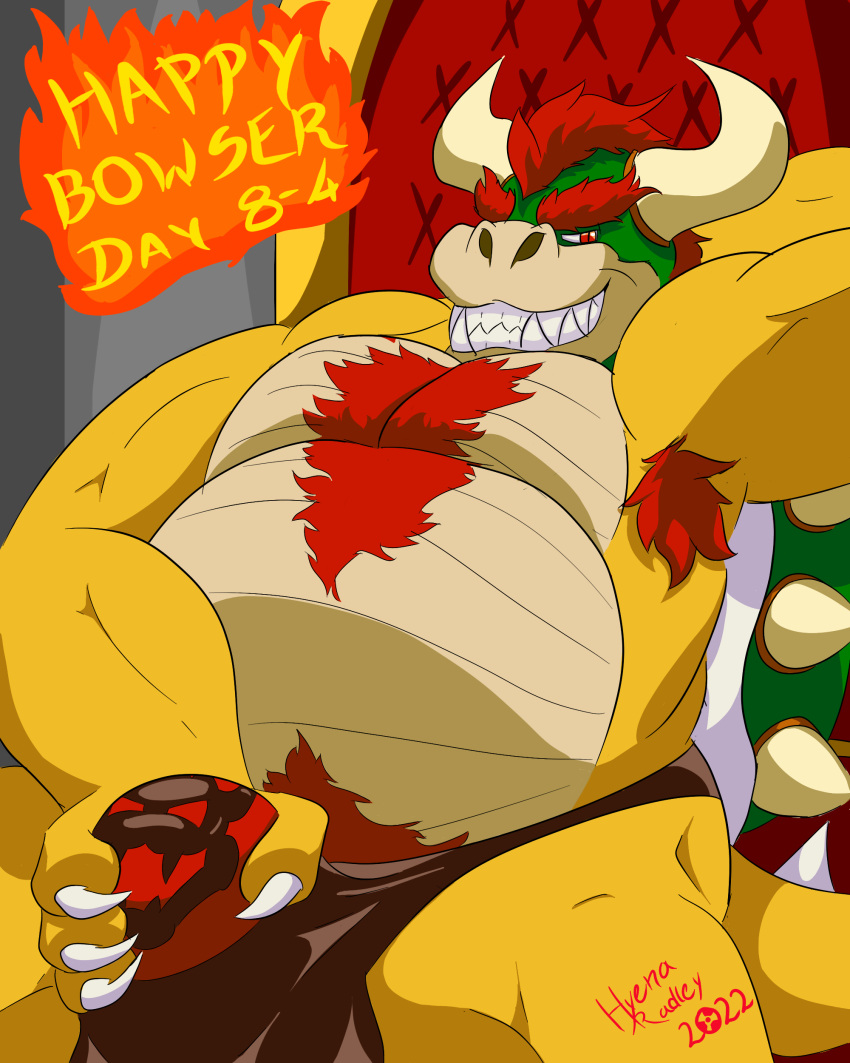 absurd_res anthro armpit_hair belly body_hair bowser bowser_day bulge bulge_grab chest_hair claws clothing hair hi_res horn hyenaradley looking_at_viewer male male_only mario_(series) muscular muscular_anthro muscular_male nintendo pecs shell smile solo spikes teeth underwear