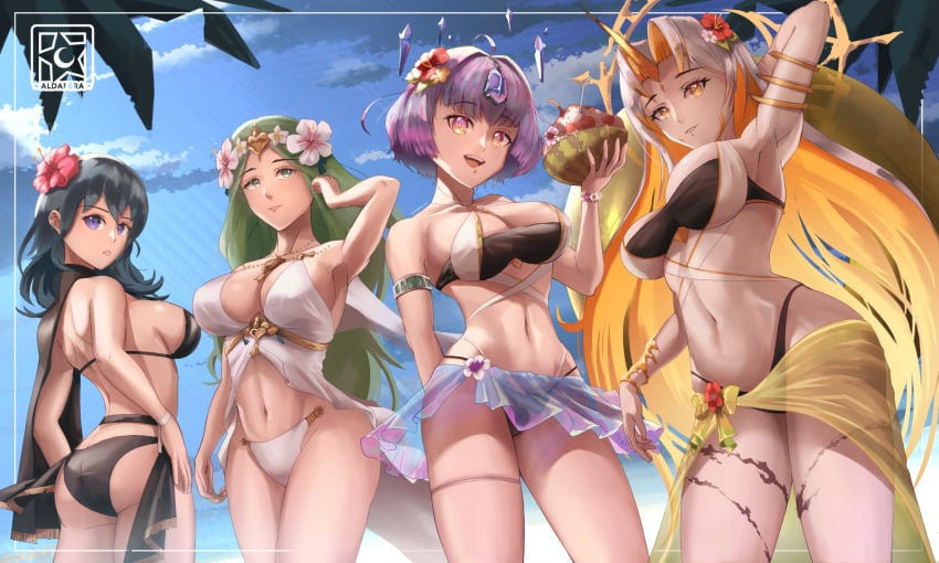 4girls aldafera beach bikini blue_eyes byleth_(fire_emblem) byleth_(fire_emblem)_(female) byleth_(summer)_(fire_emblem)_(female) cleavage fire_emblem fire_emblem:_three_houses fire_emblem_heroes green_eyes green_hair grey_hair gullveig_(fire_emblem) gullveig_(summer)_(fire_emblem) large_breasts nintendo outdoors purple_hair rhea_(fire_emblem) rhea_(summer)_(fire_emblem) seidr_(fire_emblem) seidr_(summer)_(fire_emblem) swimsuit teal_hair yellow_eyes yellow_hair