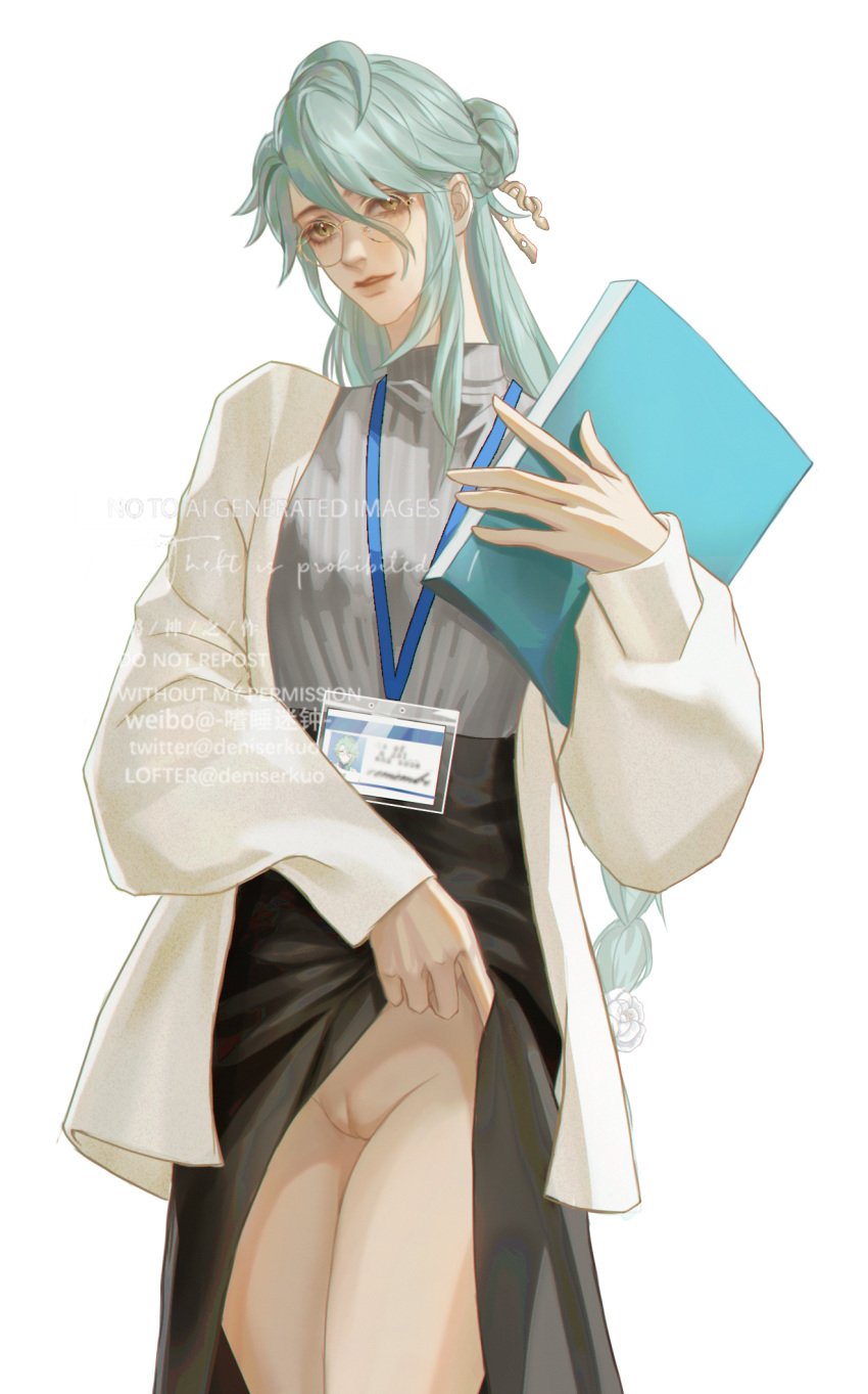 1cuntboy baizhu_(genshin_impact) blue_hair cuntboy cuntboy_only deniserkuo genshin_impact glasses pussy robe_lift solo solo_cuntboy