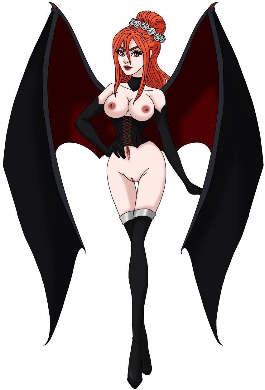 bare_breasts bare_vagina castlevania castlevania:_symphony_of_the_night demon demon_girl demon_wings flowers_in_hair red_hair succubus succubus_(castlevania) wings