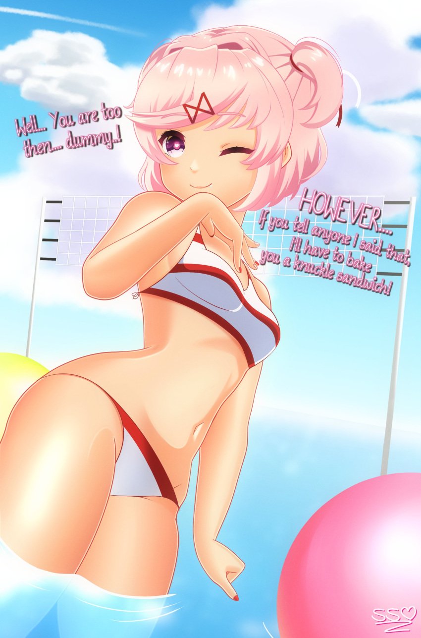 1girls doki_doki_literature_club english_text female_focus in_water natsuki_(doki_doki_literature_club) pink_eyes pink_hair scribblysuki solo_focus swimwear text volleyball_net water