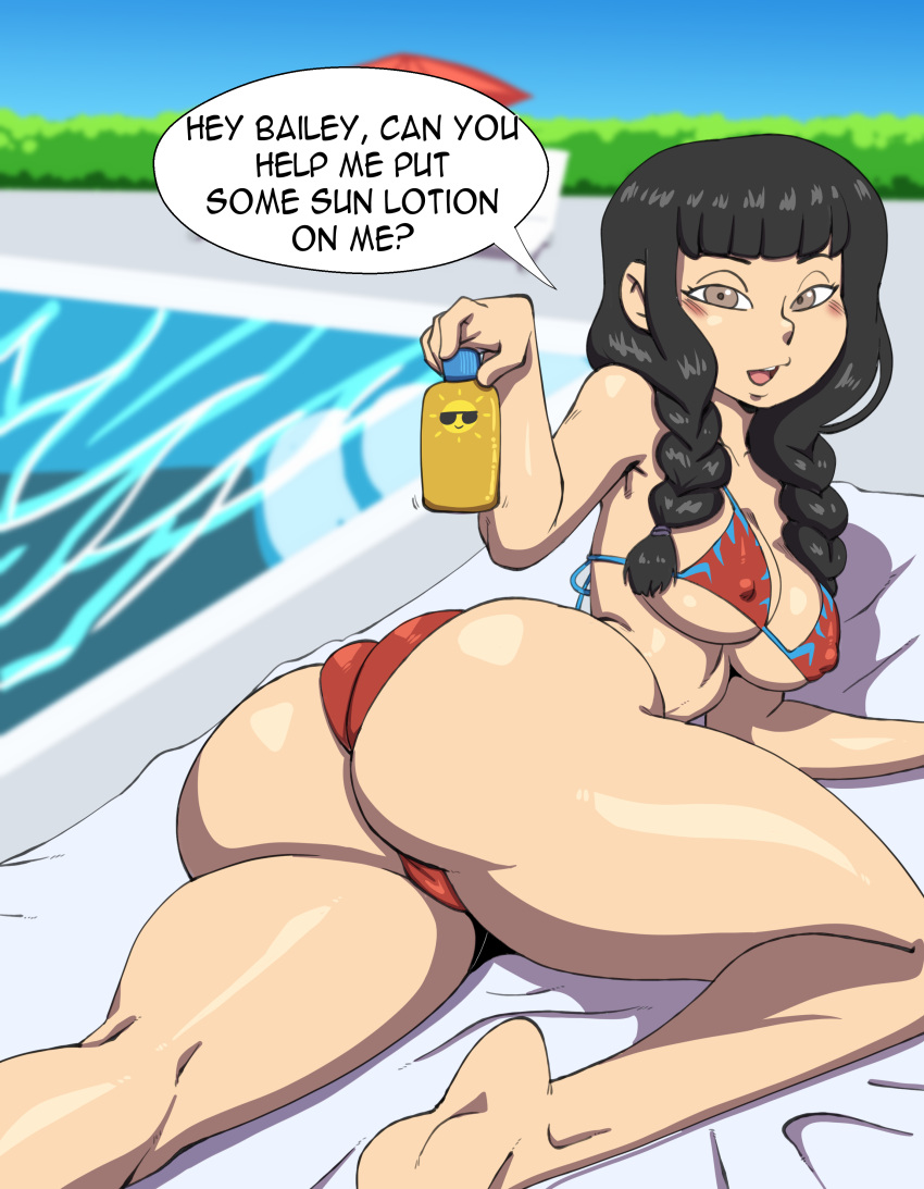 asian asian_female ass ass_focus big_ass big_butt bikini black_hair blush blushing_at_viewer blushing_female braided_pigtails braided_twintails christina_xu darkeros13 fat_ass fat_butt huge_ass huge_butt looking_at_viewer looking_back marvel marvel_comics pool poolside spider-man_(series) string_bikini sunscreen towel