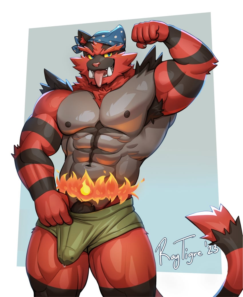 2023 abs absurd_res anthro armpit_hair bandana barazoku biceps big_bulge big_muscles big_penis blue_background bodily_fluids body_hair border briefs bulge claws clothed clothing detailed_bulge erection erection_under_clothing fire flexing fur generation_7_pokemon genital_fluids genital_outline genitals hi_res huge_muscles huge_thighs humanoid_genitalia humanoid_penis incineroar kerchief looking_at_viewer male male_only muscular muscular_anthro muscular_male navel nintendo nipples obliques open_mouth open_smile pecs penis penis_base penis_outline pokémon_(species) pokemon pokemon_(species) precum precum_through_briefs precum_through_clothing precum_through_underwear quads raytig12 raytigre signature simple_background smile solo standing teeth tenting thick_thighs tongue tongue_out topless topless_anthro topless_male tuft underwear wet wet_briefs wet_clothing wet_underwear white_border