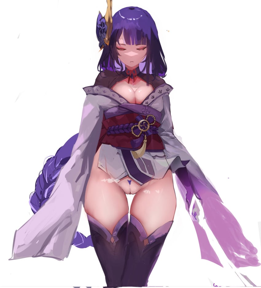 absurdres black_panties black_thighhighs breasts cleavage closed_eyes cowboy_shot facing_viewer female genshin_impact highres japanese_clothes kimono long_hair obi off_shoulder panties pubic_hair purple_hair purple_kimono raiden_shogun red_sash sash smurtz solo standing thighhighs thighs underwear very_long_hair