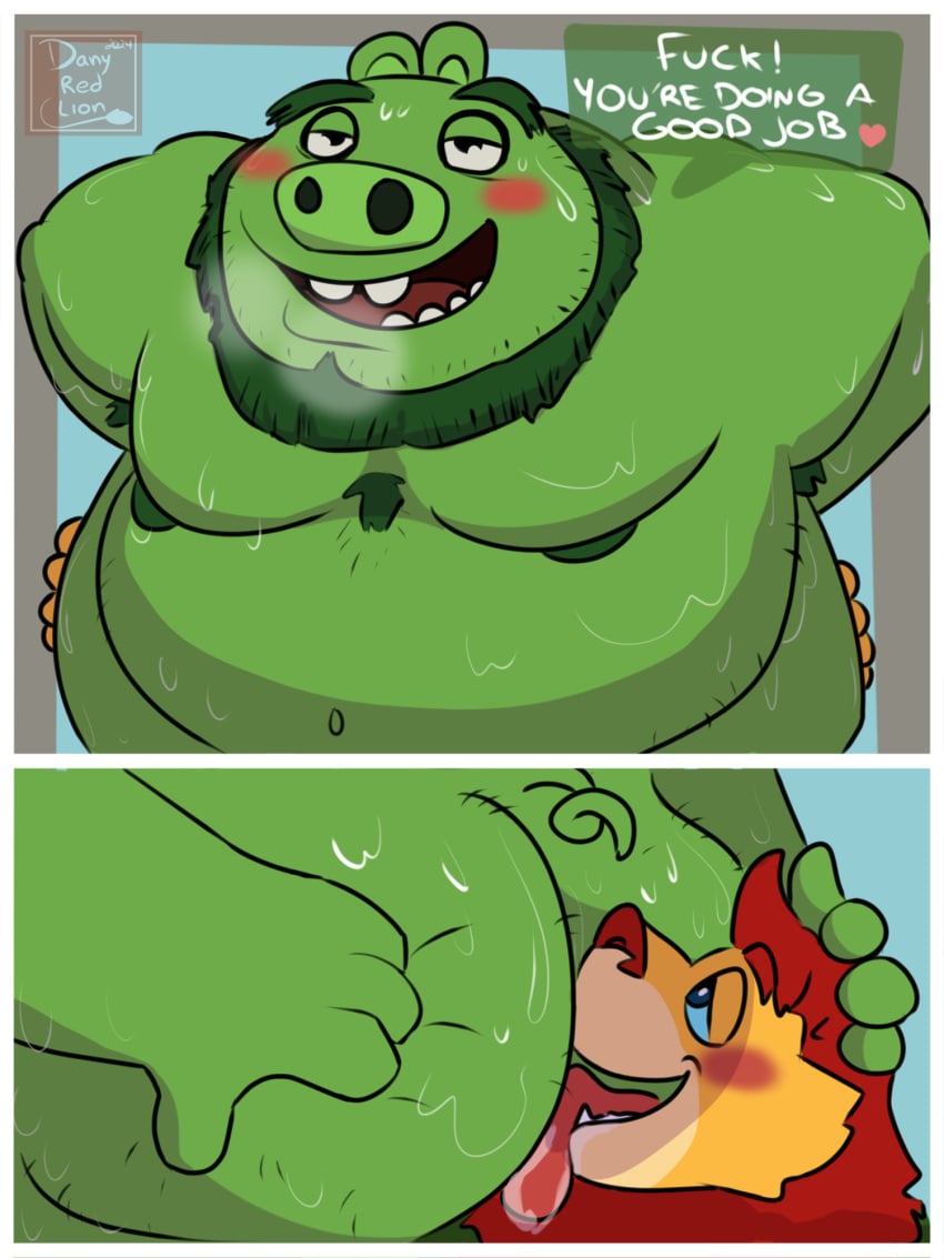 2024 anal angry_birds anthro ass blush columbia_pictures danyredlion dialogue domestic_pig duo english_text felid green_body hi_res king_leonard_mudbeard lion male male/male mammal moobs navel nipples oral overweight overweight_male pantherine pig_(angry_birds) rimming rovio rovio_entertainment sega sex sony suid suina sus_(pig) text the_angry_birds_movie tongue tongue_out