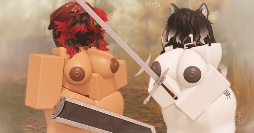 2girls 3d ? areolae breasts commission headless multicolored_hair multiple_girls naked nipples red_hair roblox roblox_avatar robloxian shibsol_rr34 sword tagme thick_thighs twitter_username weapon white_body