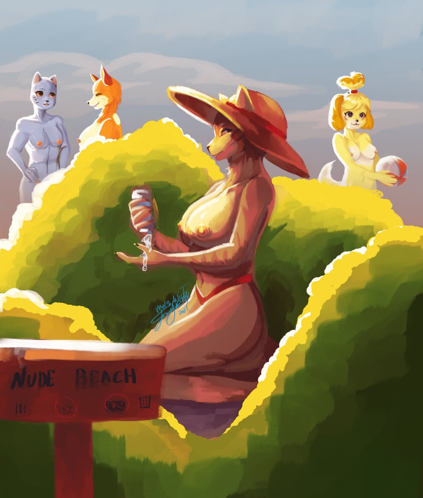 boobs_out breasts chili_bluey chili_heeler furry isabelle_(animal_crossing) joey12304 nicole_watterson nipples nude_beach original_character original_characters painted_art red_bikini red_bikini_bottom sperm_like toma white_fluid