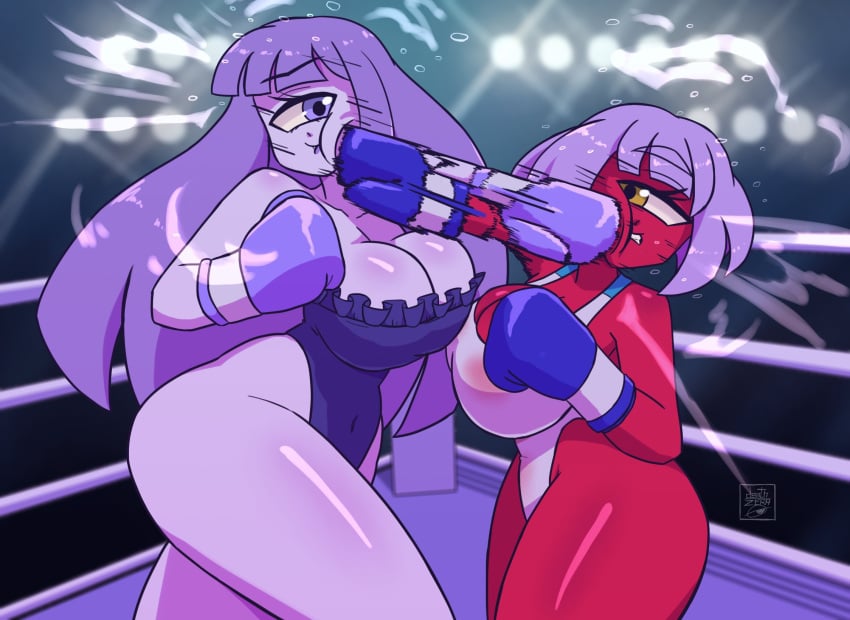 1_eye 2girls agnes_(deathzera) big_breasts boxing boxing_gloves boxing_match boxing_ring breasts catfight cross_counter cyclops deathzera duo female female_focus female_only fight fighting fighting_ring gloves huge_breasts indigo_boxing_gloves indigo_gloves large_breasts long_hair monster_girl original ornea_(waifuwars) punch punching punching_face purple_hair purple_skin red_skin ryona short_hair thick thick_thighs thighs violet_boxing_gloves violet_gloves wide_hips