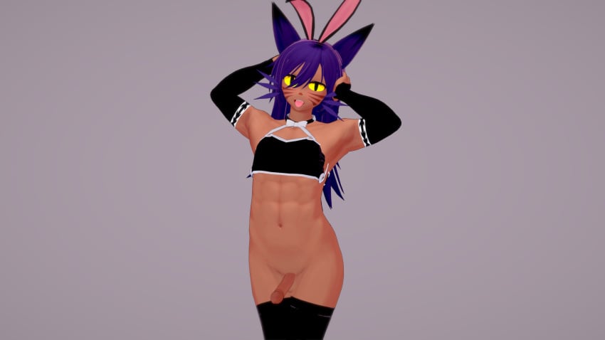 3d abs arm_gloves armpits blushing blushing_at_viewer brown_penis brown_skin bunny_costume bunny_ears bunnysuit cat_boy cat_ears catboy femboy fingerless_gloves gloves humanoid koikatsu long_hair looking_at_viewer niko_(oneshot) oneshot penis_out pr0x3r purple_hair seductive_look showing_penis smile smiling smiling_at_viewer smug smug_expression smug_eyes thigh_highs thighhighs tongue_out whiskers yellow_eyes