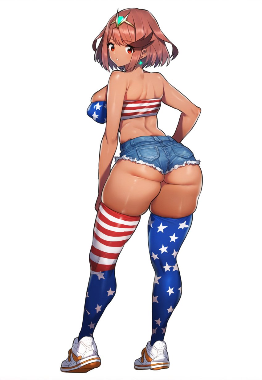 ai_generated american_flag american_flag_print bandeau curvy cutoffs dark-skinned_female dark_skin denim_shorts female full_body print_legwear pyra pyra_(xenoblade) red_eyes robofun short_shorts skindentation sneakers standing strapless tan thick_lips thighhighs tube_top xenoblade_chronicles_2