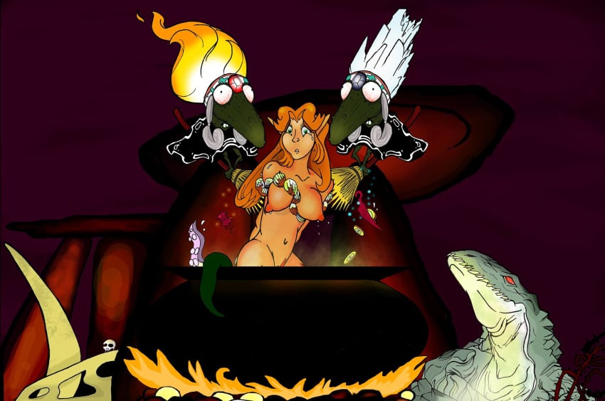 big_nose boiled_alive breasts broom broomstick cauldron cooking cooking_vore freckles freckles_on_face green_skin gynophagia magic malon naked naked_female nude nude_female orange_hair pointy_ears reptile seashell skull tagme the_legend_of_zelda vore