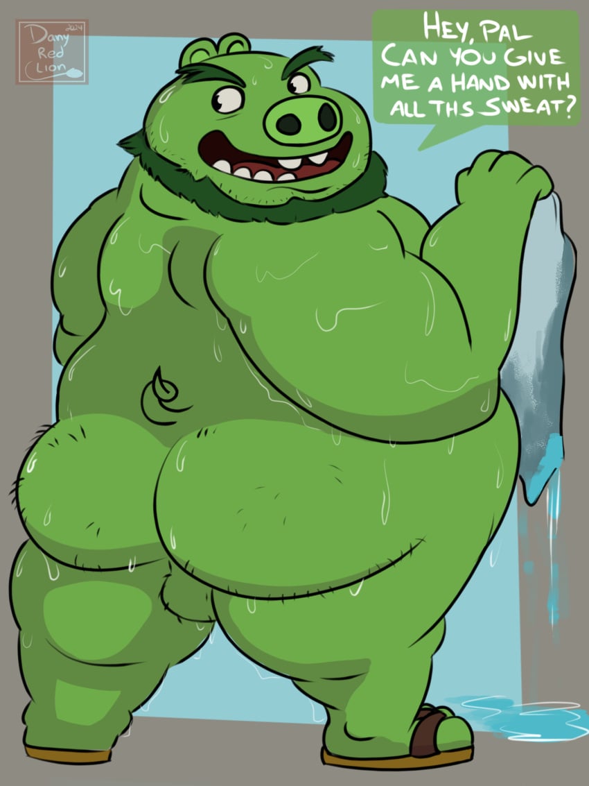 2024 angry_birds anthro backsack balls beard belly big_belly bodily_fluids columbia_pictures danyredlion domestic_pig english_text facial_hair genitals green_body hi_res king_leonard_mudbeard male mammal overweight overweight_male pig_(angry_birds) rovio rovio_entertainment sega solo sony suid suina sus_(pig) sweat text the_angry_birds_movie towel