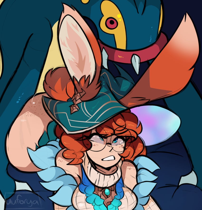 artist_signature aurora_(league_of_legends) blue_eyes bunny_ears bunny_girl bunny_tail clothed_female clothed_sex crossover eelektross glasses hat implied_penetration interspecies league_of_legends male_pokemon/female_anthro male_pokemon/female_human orange_hair pokemon pokemon_on_female pokemon_penetrating pokephilia prone_bone red_eyes uuforya witch_hat