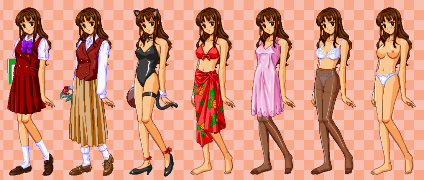 animal_ears barefoot bikini black_legwear bow bra breasts brown_hair cat_ears cat_tail checkered_background feet female female flower gown hands high_heels long_hair long_skirt looking_at_viewer night_gown nipples panties panties_under_pantyhose pantyhose pixel_art pleated_skirt red_eyes school_uniform skirt smile socks swimsuit tail teacher underwear uniform variations waitress white_bra white_legwear white_panties