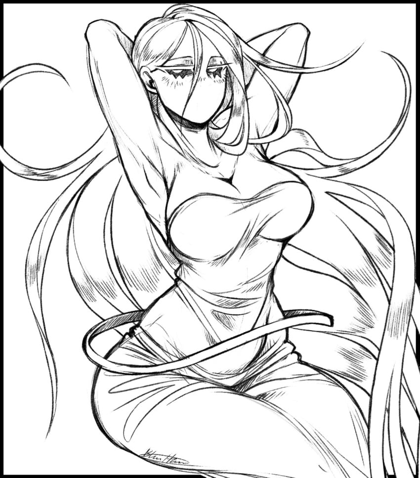 arms_behind_head big_breasts blasticheart_(artist) dress female female_focus female_only fully_clothed hourglass_figure large_breasts long_hair off_(game) pinup posing_for_the_viewer sketch solo_female solo_focus vader_eloha wide_hips wide_thighs