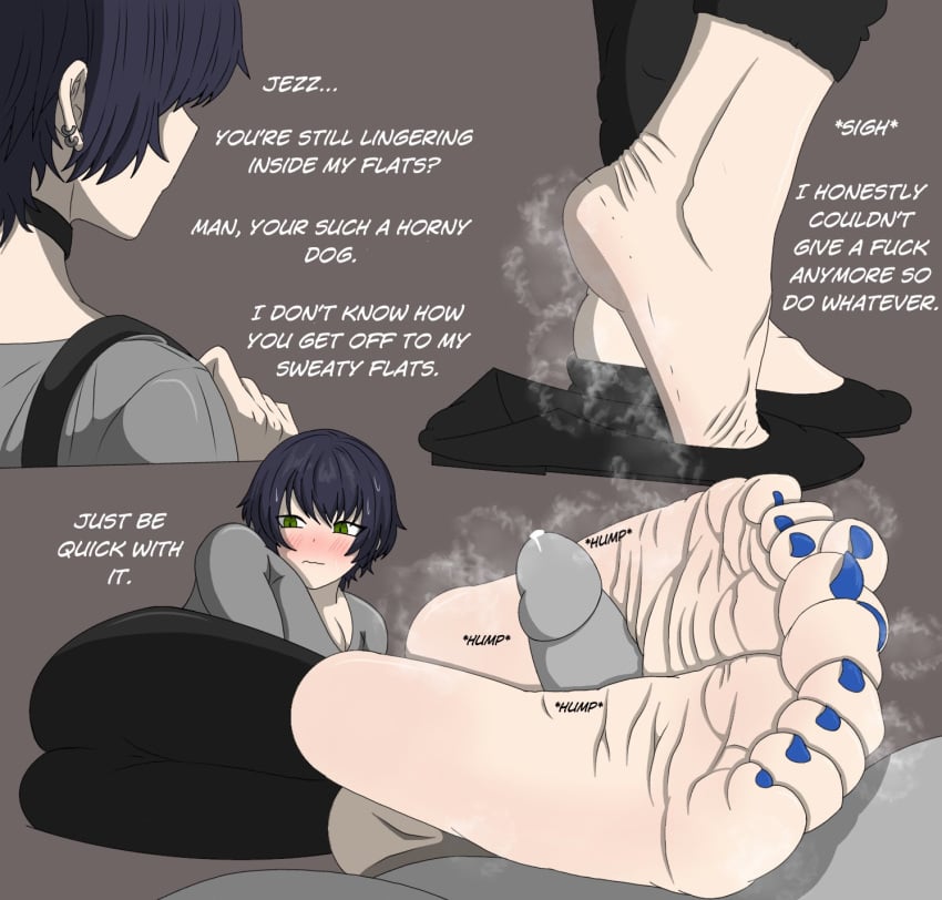 anon barefoot black_pants blue_toenail_polish boyt cat_eyes comic dark_purple_hair dialogue ear_piercings embarrassed feet foot_fetish foot_worship footjob friends goth goth_girl green_eyes grey_shirt nervous oc pale_skin removing_shoes short_hair smelly_feet