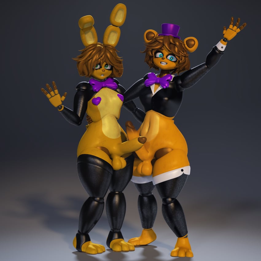 absurd_res animatronic anthro balls bear big_balls big_penis blue_eyes bow_tie clothing duo erection femboy five_nights_at_freddy's foxgirlnsfw fredbear_(fnaf) fredbear_(mishuyuu) fuckboy genitals green_eyes hat headgear headwear hi_res hung_femboy hung_trap lagomorph legwear leporid machine male mammal mishuyuu penis rabbit robot scottgames spring_bonnie spring_bonnie_(fnaf) spring_bonnie_(mishuyuu) thick_thighs thigh_highs top_hat