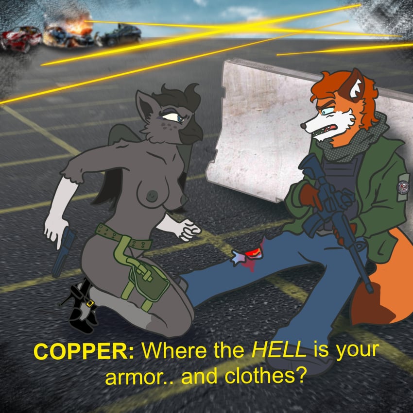 anthro anthro_on_anthro ass avian belt bird bird_girl blood blue blue_eyes breasts casual cocky copperboyart feathers female firearm fluffy_tail fox fox_boy freckles furry ginger graybody grey_body guns handgun high_heels indyee legwear male nude nude_female orange_fur outdoors parking_lot pistol public public_nudity puffy_nipples rifle shooting smirk squatting tactical_nudity weapon wings wounded yiff