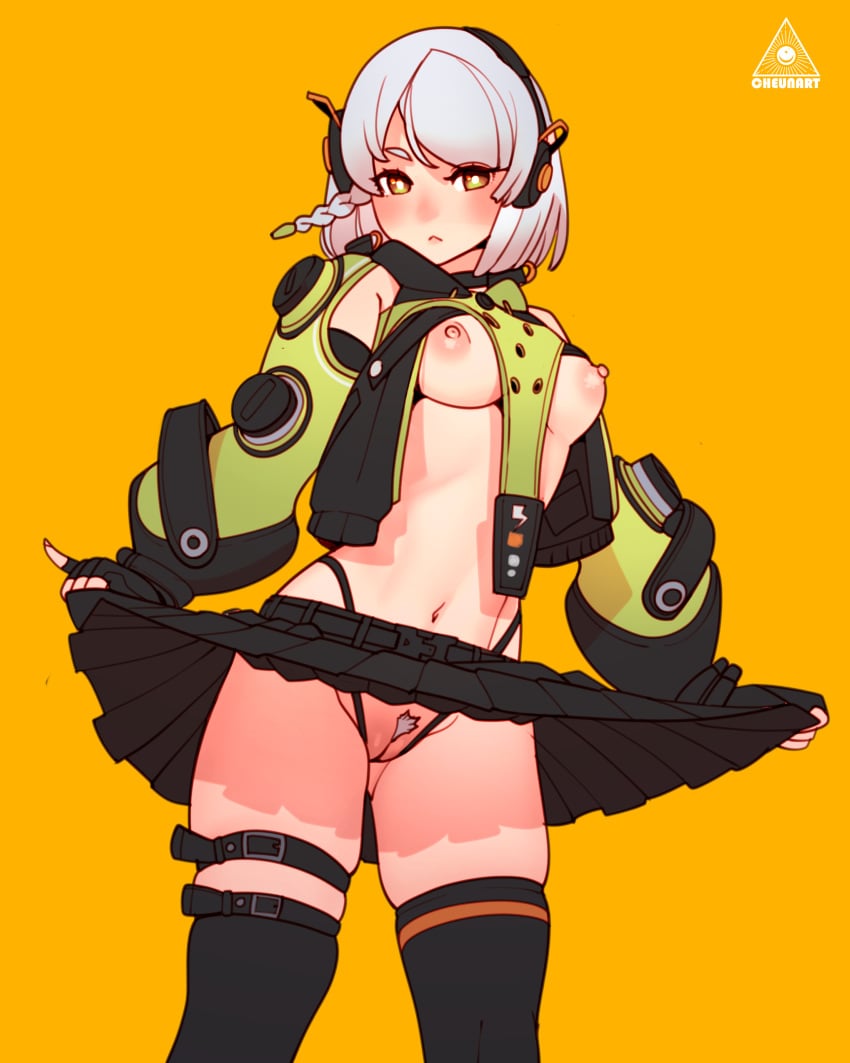 absurdres anby_demara artist_name black_gloves black_skirt black_thighhighs braid breasts bright_pupils cheunchin closed_mouth clothes_lift cowboy_shot female female_pubic_hair fingerless_gloves gloves grey_hair headphones highres lifting_own_clothes long_sleeves looking_at_viewer medium_breasts navel nipples orange_eyes pleated_skirt pointy_chin pubic_hair pussy short_hair simple_background skindentation skirt skirt_lift solo stomach thigh_strap thighhighs uncensored white_pupils yellow_background zenless_zone_zero