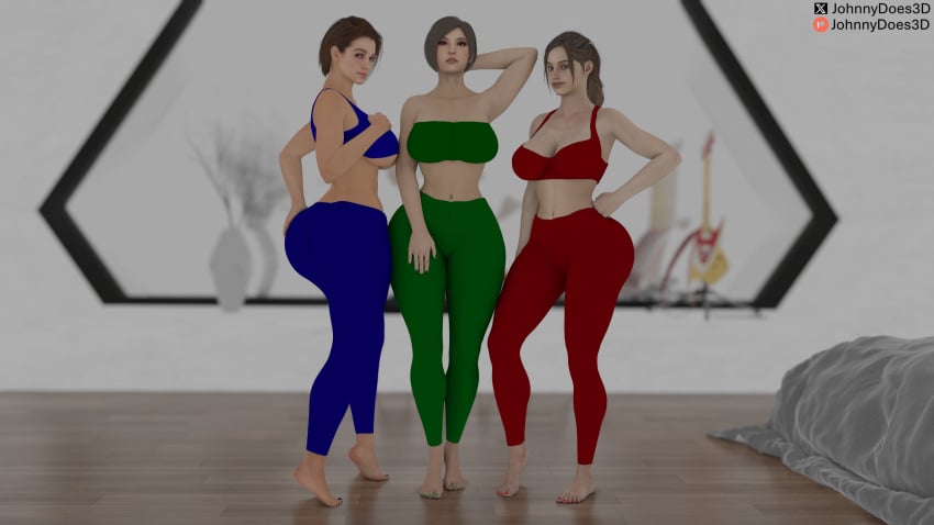 3d 3d_(artwork) 3girls ada_wong ada_wong_(adriana) blue_clothes blue_clothing brown_hair claire_redfield claire_redfield_(jordan_mcewen) curvy_body curvy_female curvy_females curvy_hips curvy_thighs feet fingernails foot_fetish green_clothing gym_uniform hand_on_butt hand_on_leg hands_behind_head heroine heroines jill_valentine jill_valentine_(sasha_zotova) johnnydoes3d leggings ponytail posing posing_for_picture posing_for_the_viewer red_clothes resident_evil resident_evil_2 resident_evil_2_remake resident_evil_3 resident_evil_3_remake serious_look short_hair smile thick_ass thick_butt thick_hips thick_legs thick_thighs toenails