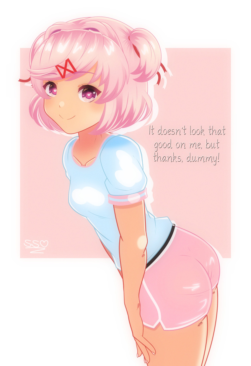 1girls breasts butt doki_doki_literature_club english_text female_focus natsuki_(doki_doki_literature_club) pink_eyebrows pink_eyes pink_hair scribblysuki shorts solo_focus text