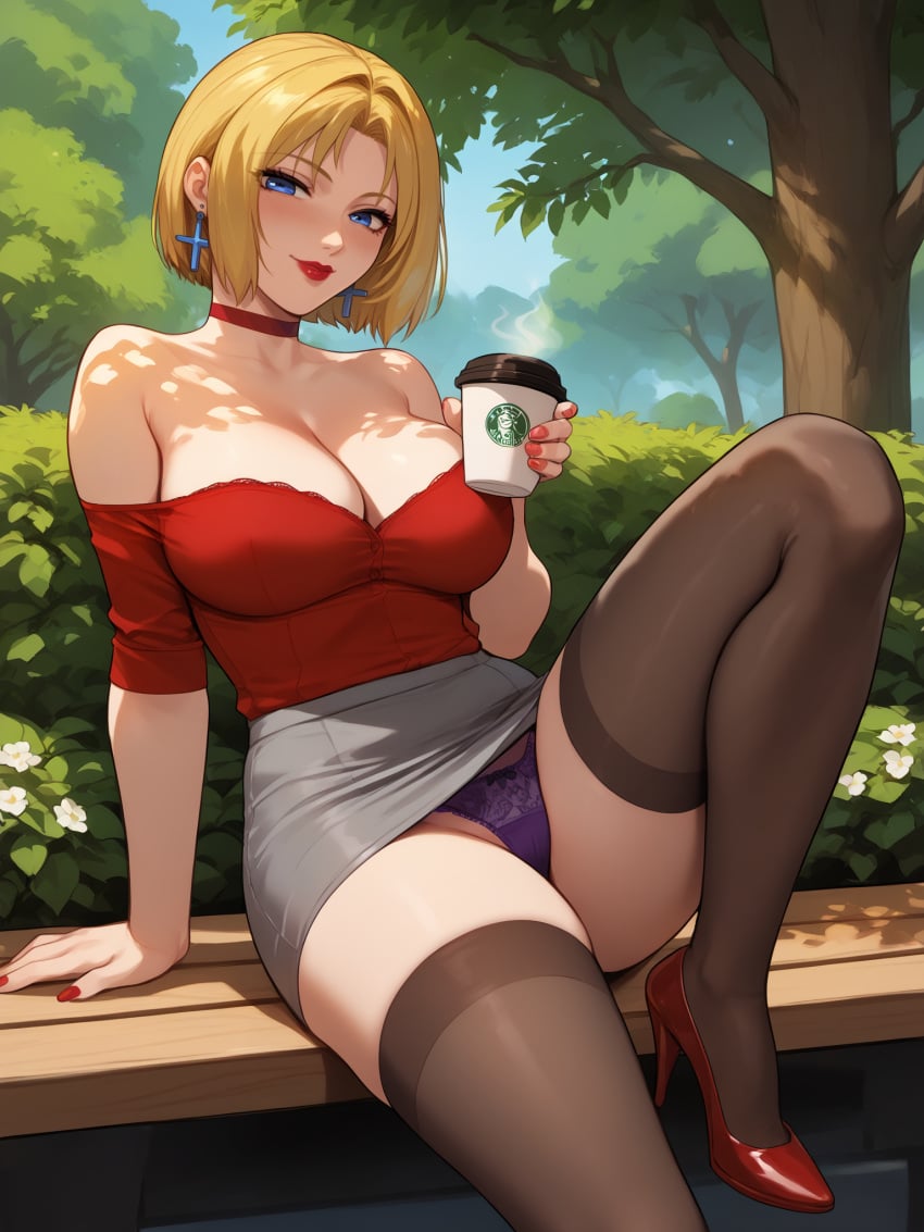 1girls ai_generated alternate_costume arm_support bare_shoulders bench bible_black bible_black_new_testament blonde_hair blouse blue_eyes bob_cut choker cleavage coffee coffee_cup cross_earrings cup drink earrings enigmata female female_only full_body heels high_heels kitami_reika lingerie lingerie_panties lipstick looking_at_viewer makeup mature mature_female milf mommy nail_polish no_bra off_shoulder official_alternate_costume outdoors panties pantyshot park pencil_skirt pinup presenting_pussy purple_panties red_shirt revealing_clothes seductive seductive_look seductive_smile shin_bible_black short_hair sitting sitting_on_bench skirt solo starbucks stockings teacher teasing teasing_viewer tree underwear voluptuous