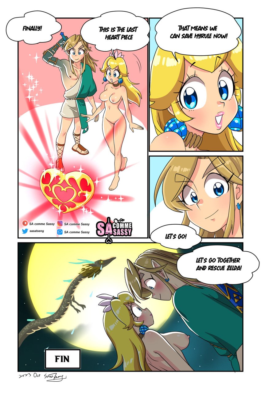 <3 blonde_hair blue_eyes blush blushing comic comic_page crossover dconthedancefloor end_page english_text heart link link_(tears_of_the_kingdom) mario_(series) nintendo princess_peach sasatseng super_mario_bros. tears_of_the_kingdom the_legend_of_zelda