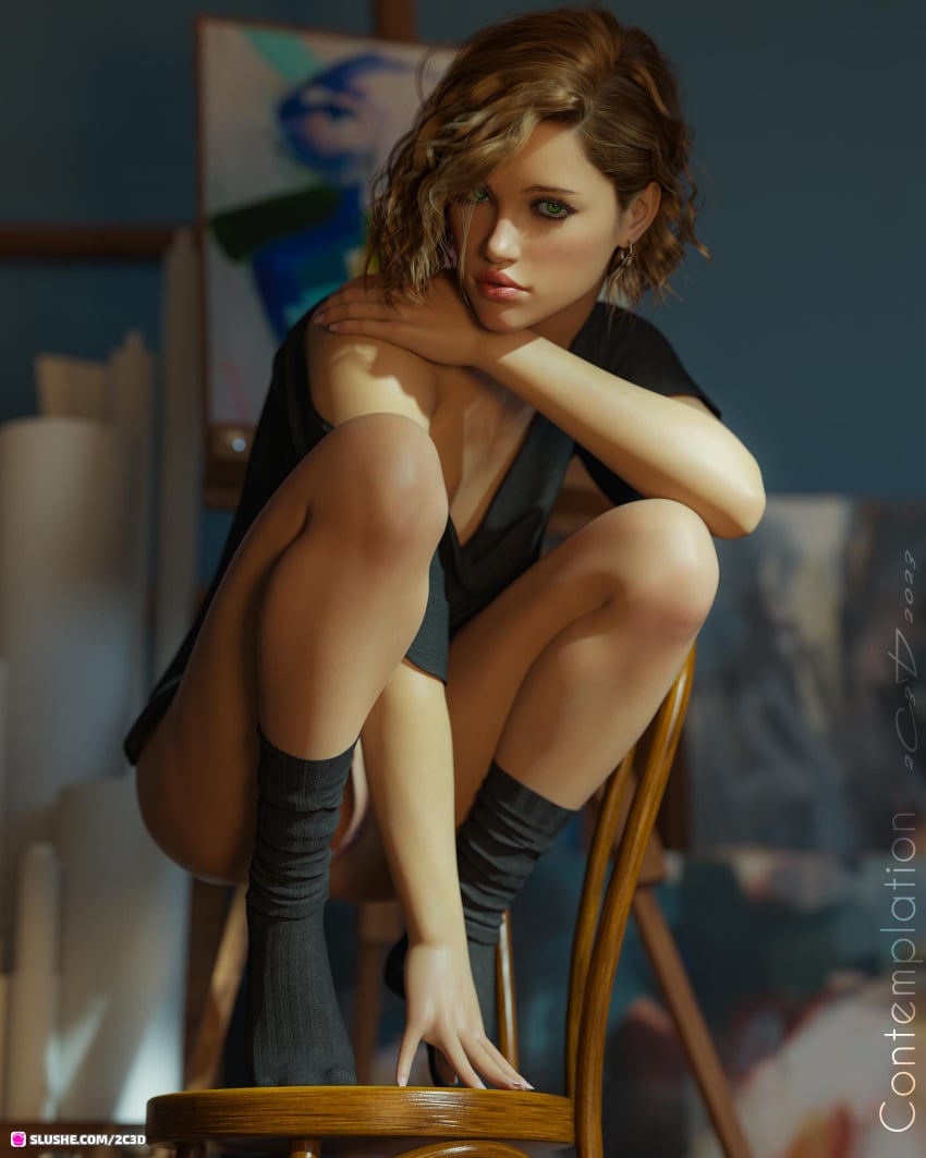 1girls 2023 2c3d 3d artist_signature bottomless brown_hair chair dated depth_of_field female female_only indoors looking_at_viewer shirt short_hair solo solo_female tagme