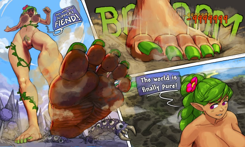 dark-skinned_female dark_skin dirty_feet dryad_(terraria) eater_of_worlds foot_fetish foot_focus foot_prints giant_feet giantess gigantic_feet gigantic_female green_hair green_toenail_polish green_toenails kerating_(artist) pointy_ears smelly_feet smelly_shoes stinky_feet stomp stomped stomping terraria text toes