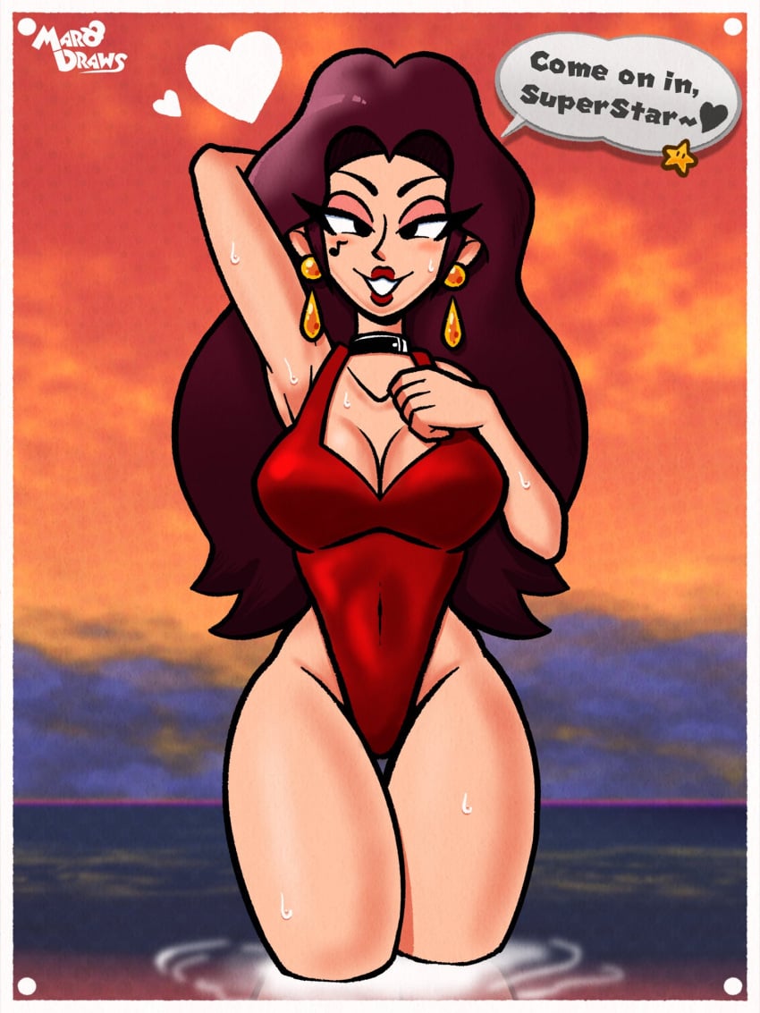 arm_behind_head breasts brown_hair cleavage ear_piercing eyelashes female grin heart highres lipstick long_hair looking_at_viewer makeup mario_(series) marodraws nintendo outdoors pauline pauline_(mario) piercing red_lips smile speech_bubble swimsuit water