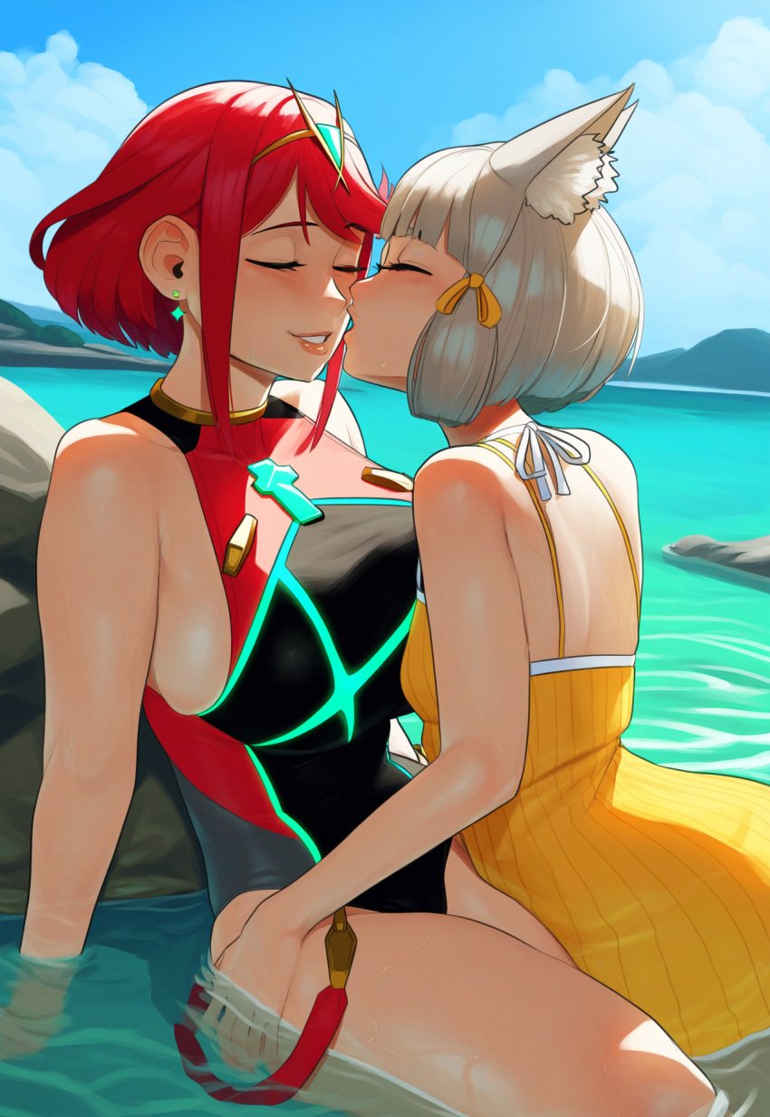 2girls ai_generated beach black_one-piece_swimsuit close-up curvy imminent_kiss leg_between_thighs looking_at_another mature_female milf nia nia_(fancy_sundress)_(xenoblade) nia_(xenoblade) on_ground partially_submerged pursed_lips pyra pyra_(pro_swimmer)_(xenoblade) pyra_(xenoblade) robofun rock shallow_water short_hair thick tress_ribbon upper_body xenoblade_chronicles_2 yellow_sundress yuri