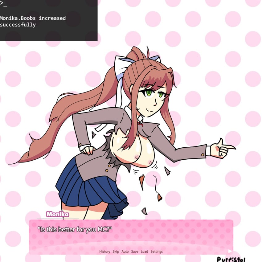 1girls artist_name blue_skirt boobs breast_expansion breasts ddlc_text_box doki_doki_literature_club english_text expansion female_focus green_eyes long_hair monika_(doki_doki_literature_club) motion_lines nipples purpistol skirt text wardrobe_malfunction white_bow