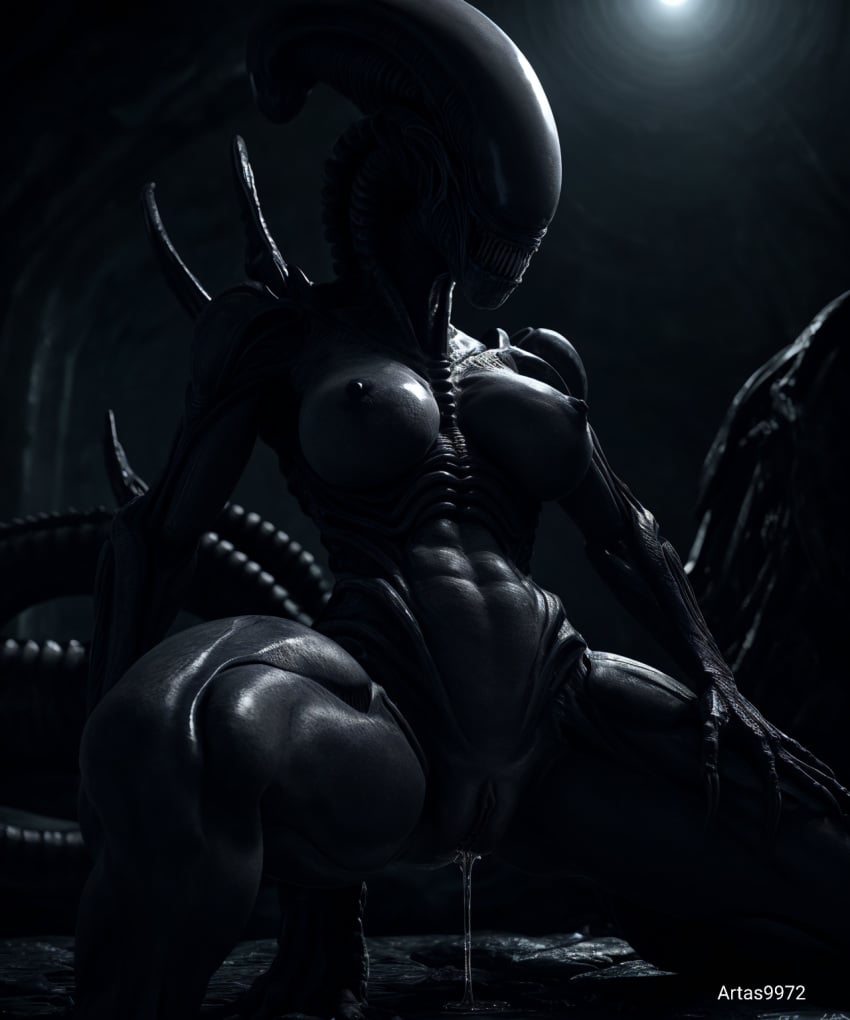 ai_generated alien alien_girl alien_humanoid artas9972 breasts breasts darkness nipples presenting presenting_pussy pussy pussy_juice pussy_juice_drip wet_pussy xenomorph