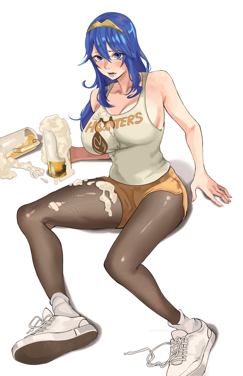 1girls accident alternate_costume beer_mug blue_eyes blue_hair blush cleavage clumsy female female_only fire_emblem fire_emblem_awakening hooters jerrydurd large_breasts long_hair looking_at_viewer lucina_(fire_emblem) nintendo pantyhose pubic_hair pussy shoes shoes_only solo tank_top tripping waitress