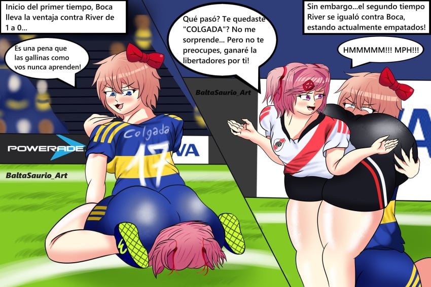 2girls baltasaurioart bike_shorts dialogue doki_doki_literature_club eating_ass facesitting female_only femdom natsuki_(doki_doki_literature_club) sayori_(doki_doki_literature_club) spanish_text text yuri