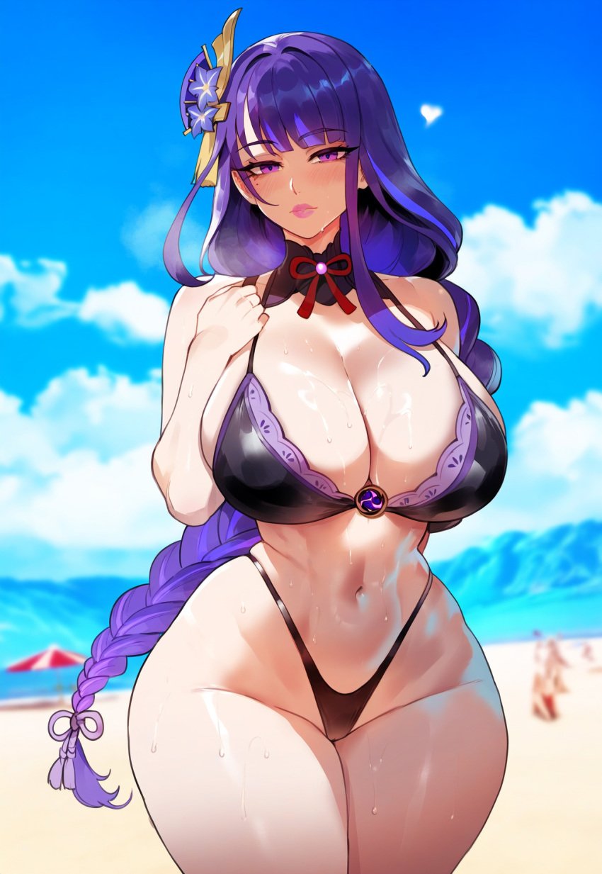 1girls ai_generated beach bikini bikini_bottom bikini_top blush blush_lines blushing_at_partner blushing_at_viewer female female_focus female_only genshin_impact heart heavy_breathing hi_res highleg highleg_panties imminent_anal imminent_fellatio imminent_oral imminent_penetration imminent_sex large_breasts large_thighs long_hair looking_at_another looking_at_viewer miyuai nai_diffusion outdoor outdoors purple_eyes purple_hair raiden_shogun solo solo_female solo_focus stable_diffusion thiccwithaq_(ai_style) thick_thighs thighs wide_hips