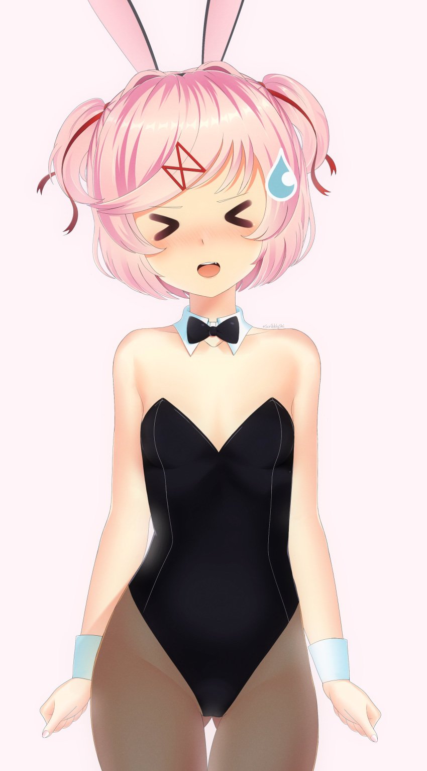 >_< 1girls ass_visible_through_thighs bare_shoulders blush bowtie bowtie_collar bunny_ears bunnysuit collar doki_doki_literature_club fang female_focus mouth_open natsuki_(doki_doki_literature_club) oerba_yun_fang open_mouth pink_hair scribblysuki thighs