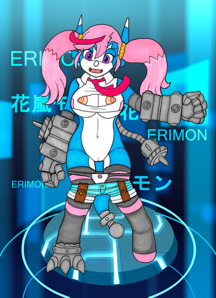 3_toes 5_fingers accessory anthro appmon_(species) armor bandai_namco barefoot big_breasts blue_body blue_scales blush bottomless bottomwear bottomwear_down breasts claws clothed clothing detailed_background digimon digimon_(species) dokamon embarrassed english_text erect_nipples eri_karan eyelashes feet female fingers front_view gauntlets genitals gloves hair hair_accessory hairband handwear hi_res horn hotpants huge_breasts ivanks japanese_text knock-kneed leggings legwear long_hair looking_down_at_self metal mid_transformation mostly_nude navel necktie nipples non-mammal_breasts non-mammal_nipples open_mouth panties pants pants_down partially_clothed pink_hair pupils purple_eyes pussy scales scalie shorts snout solo species_transformation standing tail text toes tongue torn_clothing transformation transformation_through_technology twintails_(hairstyle) underwear white_body white_scales