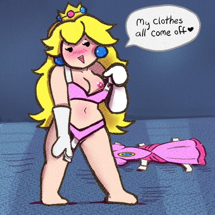 1girls barefoot bra breasts crown currentlytr_ash english_text female female_only full_body headwear mario_(series) navel nintendo panties paper_mario paper_peach paper_peach_invisible_intermission pink_bra pink_panties princess_peach solo solo_female speech_bubble text text_bubble