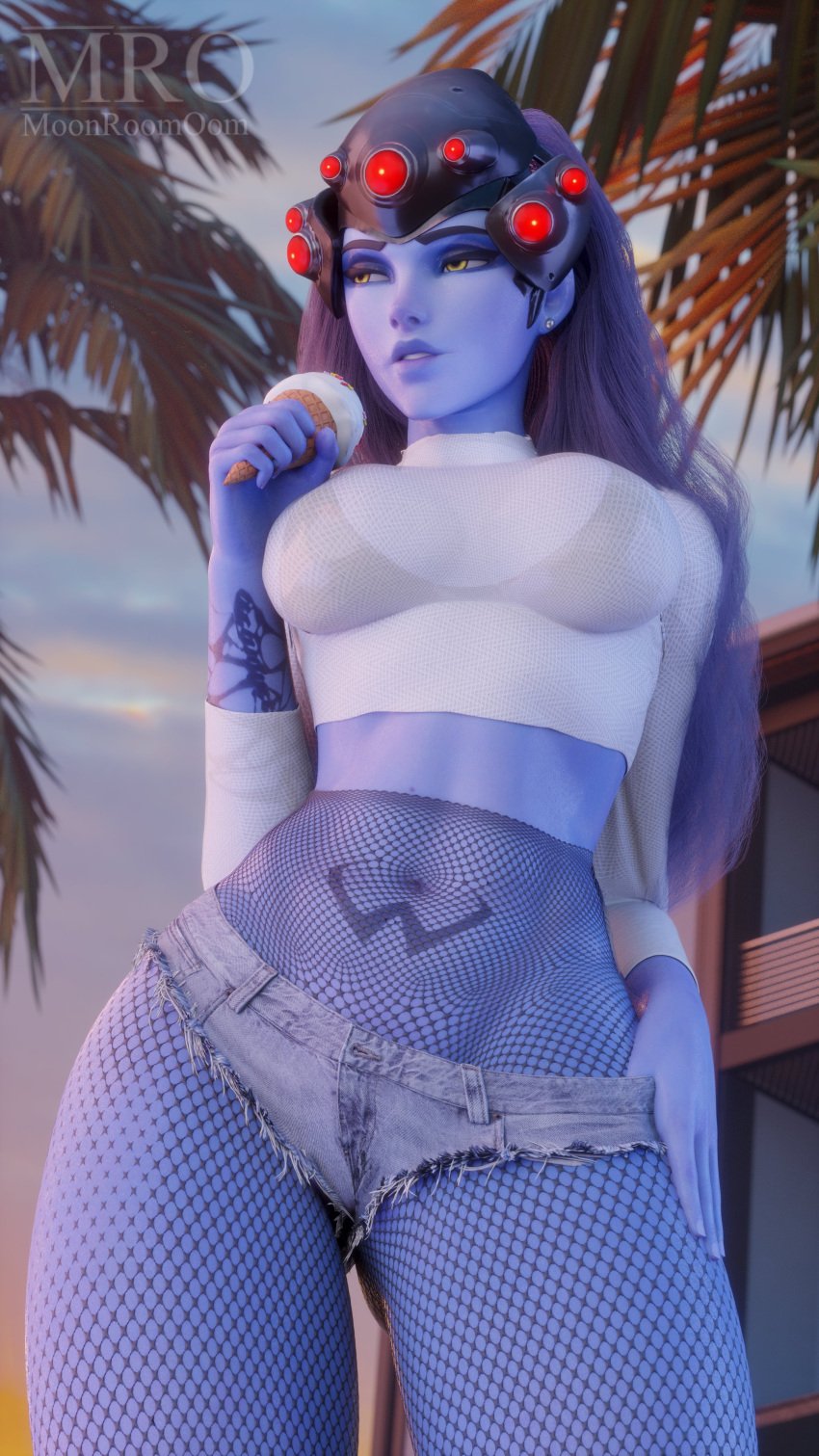 1girls 3d 3d_(artwork) blizzard_entertainment breasts female female_focus female_only fishnets helmet hi_res high_resolution highres hotpants ice_cream large_breasts moonroomoom overwatch overwatch_2 palm_tree purple_hair purple_skin short_shorts simple_background solo solo_female solo_focus widowmaker