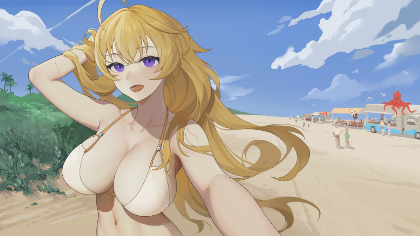 100wang 1girls beach bikini bikini_top blonde_female blonde_hair long_hair long_hair_female ocean public purple_eyes rwby taking_selfie yang_xiao_long